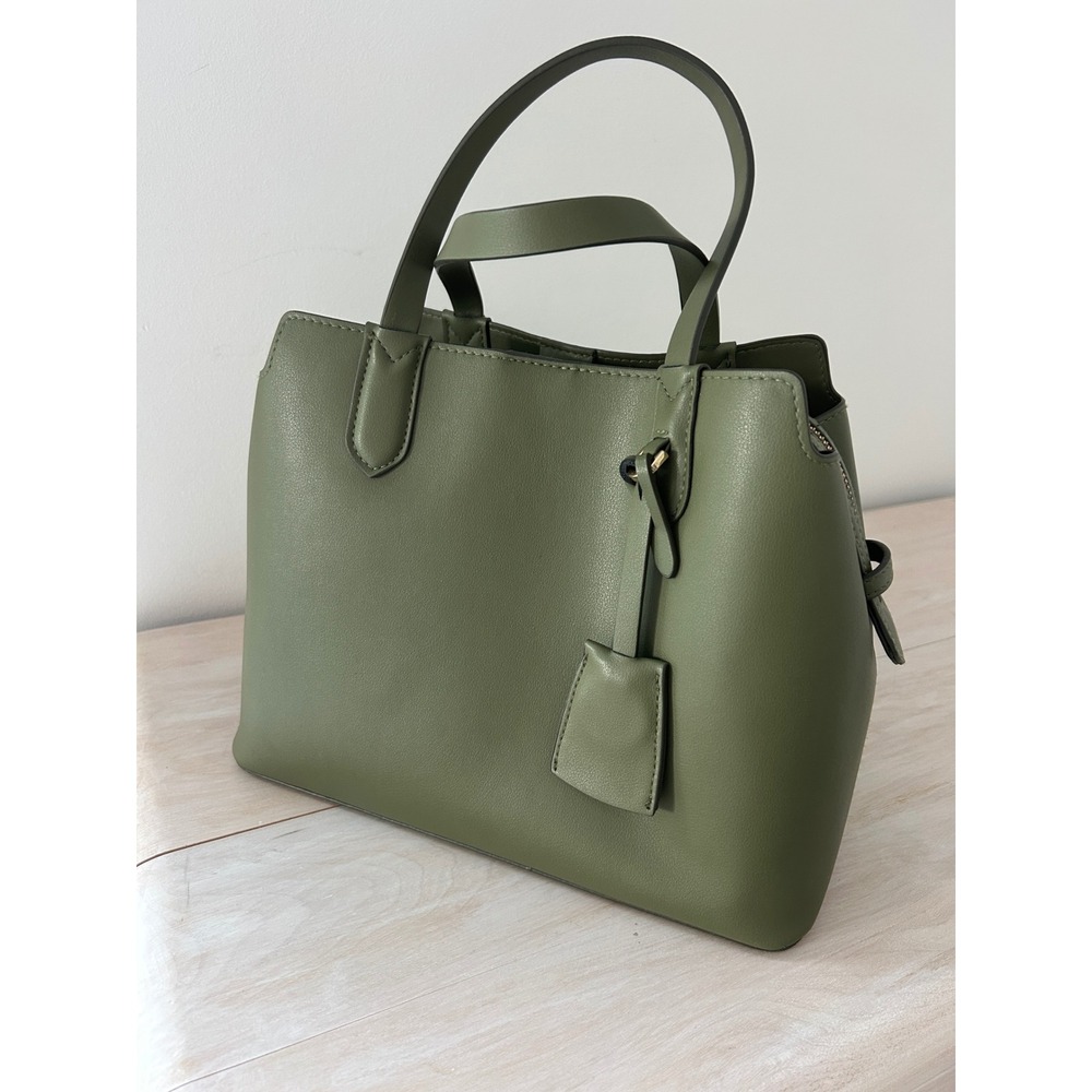 A New Day Olive Green Faux Leather Satchel Handbag Triple Compartment Gold Tone